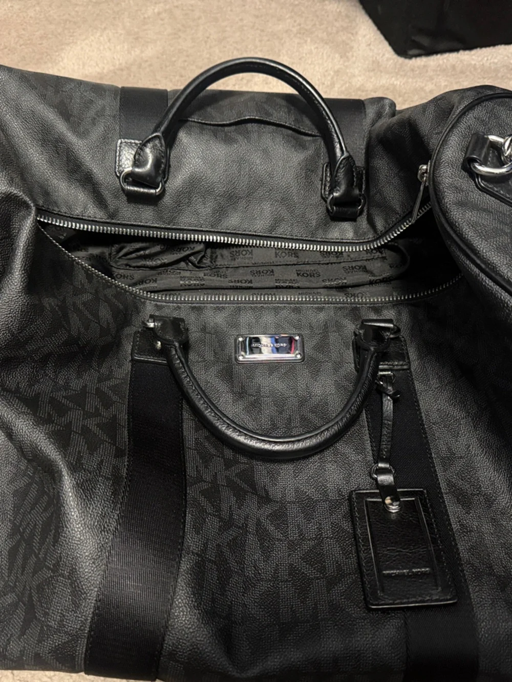 Michael Kors Black Monogram Leather-Trim Duffel Bag